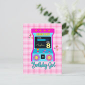 Arcade Game Retro Verjaardagsfeestje Blauw Roze Briefkaart (Staand voorkant)