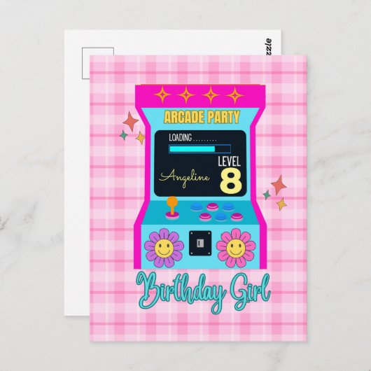 Arcade Game Retro Verjaardagsfeestje Blauw Roze Briefkaart (Voorkant / Achterkant)