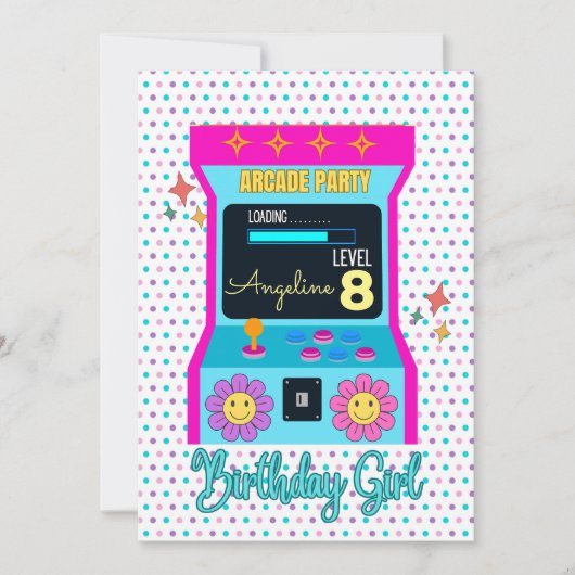 Arcade Game Retro Verjaardagsfeestje Blauw Roze Kaart (Voorkant)