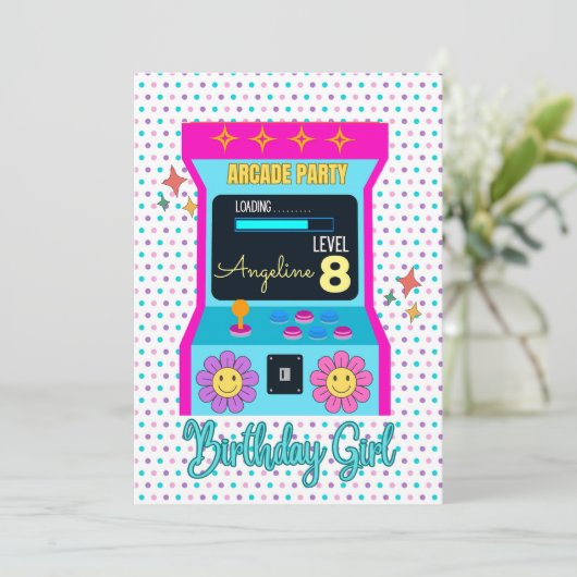 Arcade Game Retro Verjaardagsfeestje Blauw Roze Kaart (Staand voorkant)