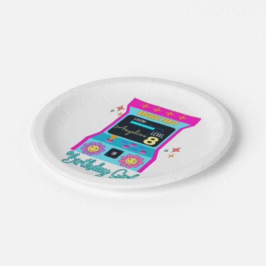 Arcade Game Retro Verjaardagsfeestje Blauw Roze Papieren Bordje (Gekanteld)