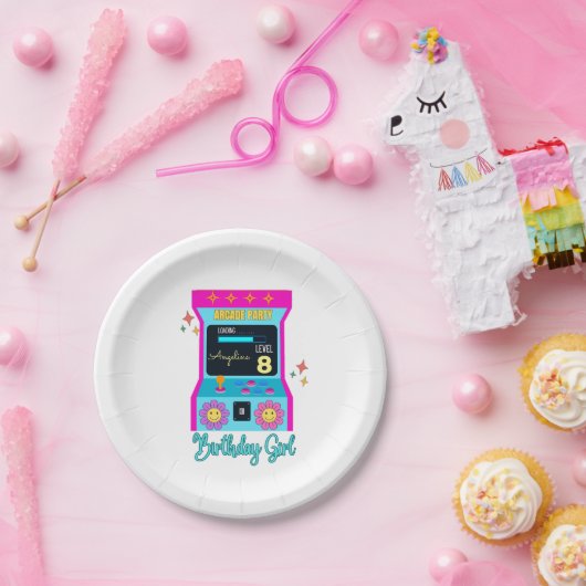 Arcade Game Retro Verjaardagsfeestje Blauw Roze Papieren Bordje (Feest)