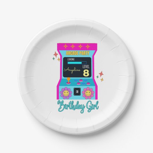 Arcade Game Retro Verjaardagsfeestje Blauw Roze Papieren Bordje (Voorkant)