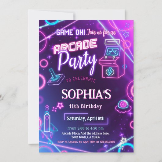 Arcade Neon Glow verjaardagsfeestje Kaart (Voorkant)