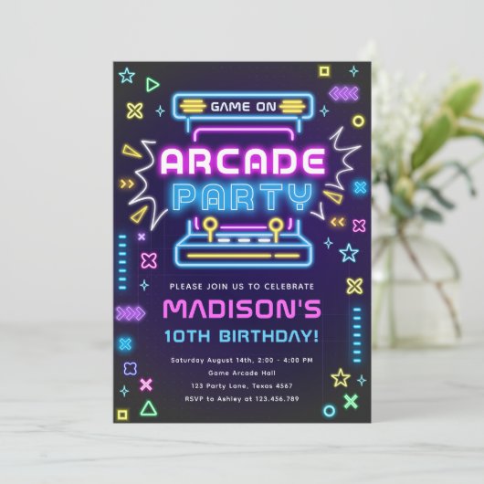 Arcade Party Glow Neon-videogame op de verjaardag Kaart (Staand voorkant)