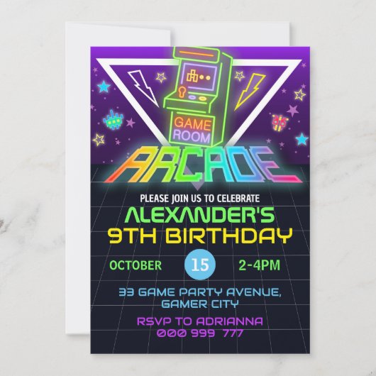 Arcade Verjaardag Gamer Neon Party Uitnodiging (Voorkant)