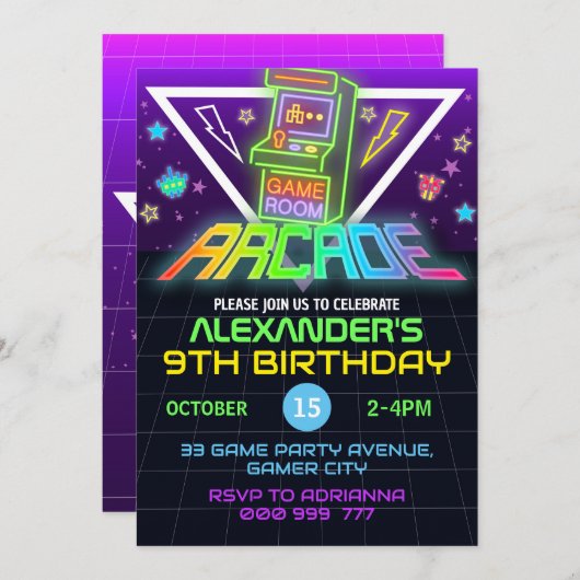 Arcade Verjaardag Gamer Neon Party Uitnodiging (Voorkant / Achterkant)
