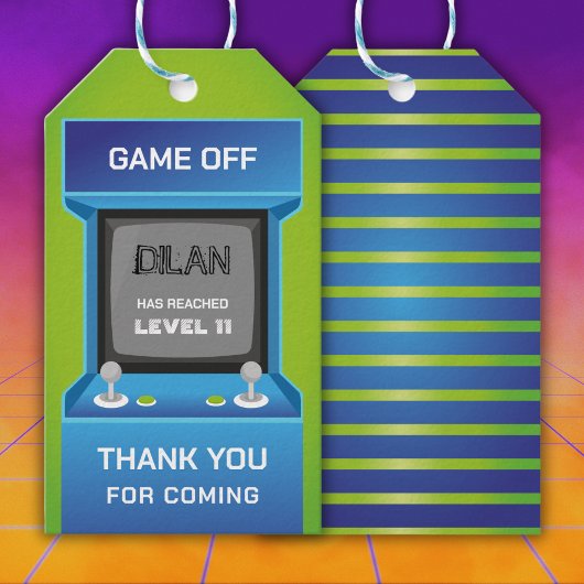 Arcade-verjaardag, gamer-verjaardagsuitnodiging cadeaulabel