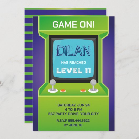 Arcade-verjaardag, gamer-verjaardagsuitnodiging, g kaart (Voorkant / Achterkant)