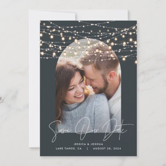 Arch 1 foto string licht script modern bruiloft save the date (Voorkant)