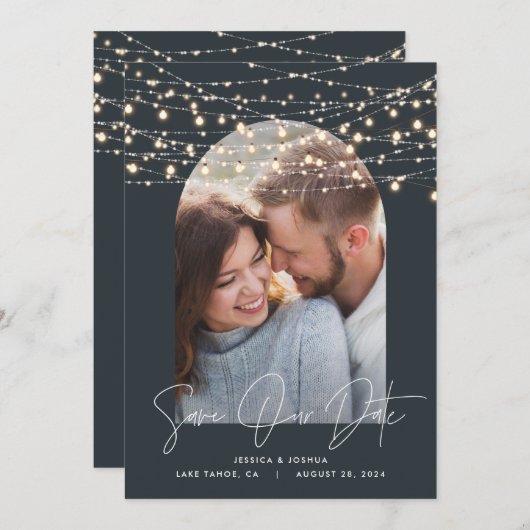 Arch 1 foto string licht script modern bruiloft save the date (Voorkant / Achterkant)