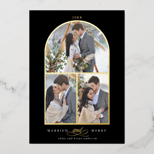 Arch 3 Foto gehuwd en prettige Folie feestdag Folie Uitnodiging (Voorkant)