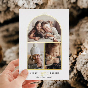 Arch 3 Foto Merry & Bright Goud Folie Kerstkaart Uitnodiging