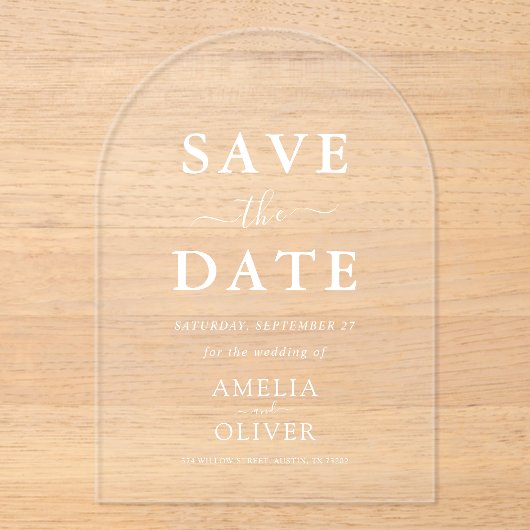 Arch Acryl Chic Witte Tekst Trouw Save The Date Uitnodigingen (Voorkant)