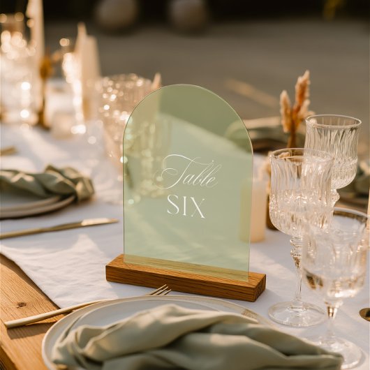 Arch Acryl Sage Groene Trouwtafel Zes Nummer Uitnodigingen