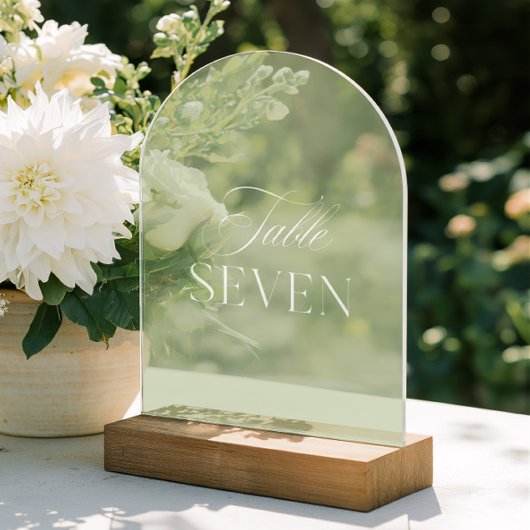 Arch Acryl Sage Groene Trouwtafel Zeven Nummer Uitnodigingen