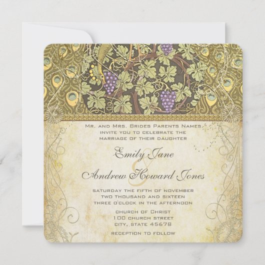 Arch Art Nouveau Peacock Birds Wedding Invitation Kaart (Voorkant)