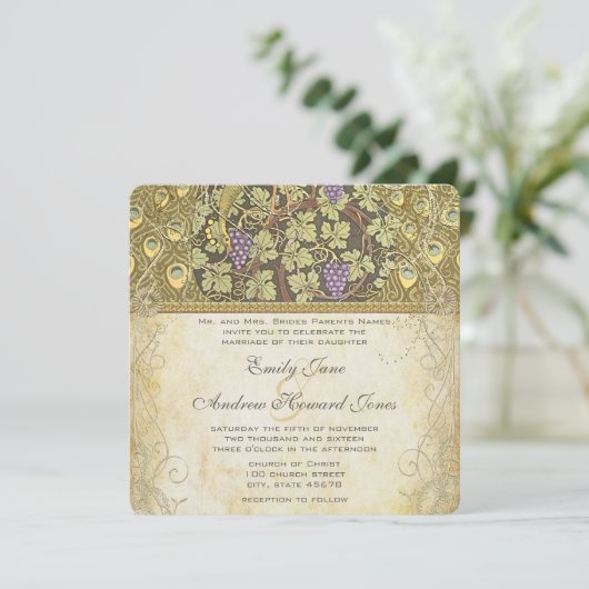 Arch Art Nouveau Peacock Birds Wedding Invitation Kaart (Staand voorkant)