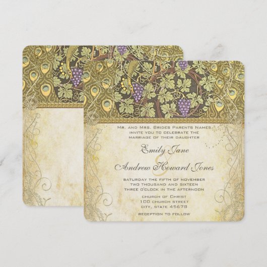 Arch Art Nouveau Peacock Birds Wedding Invitation Kaart (Voorkant / Achterkant)