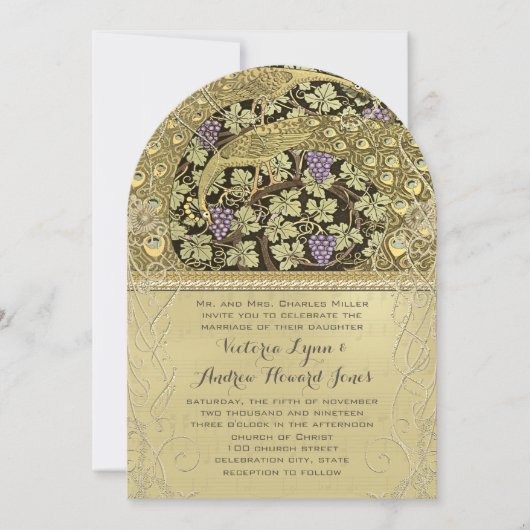 Arch Art Nouveau Peacock Birds Wedding Invitation Kaart (Voorkant)