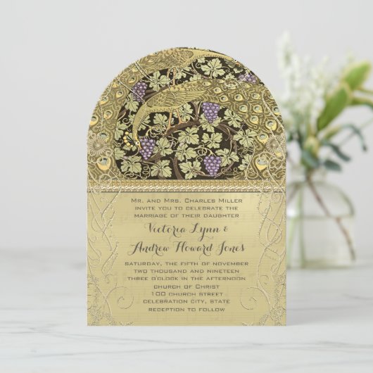 Arch Art Nouveau Peacock Birds Wedding Invitation Kaart (Staand voorkant)