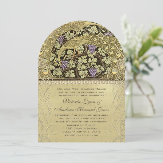 Arch Art Nouveau Peacock Birds Wedding Invitation Kaart (Staand voorkant)