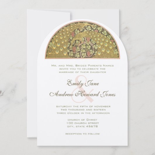 Arch Art Nouveau Peacock Birds Wedding Invitation Kaart (Voorkant)