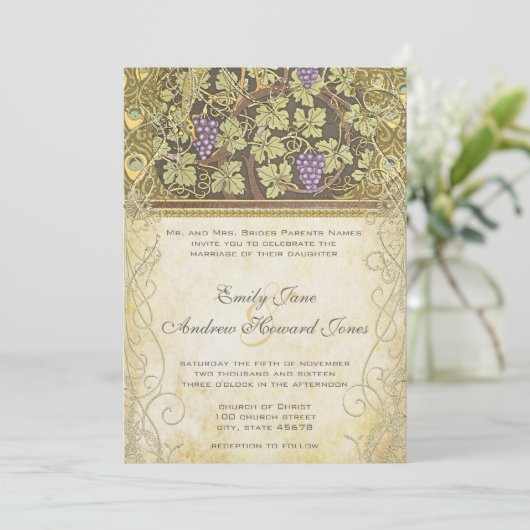 Arch Art Nouveau Peacock Birds Wedding Invitation Kaart (Staand voorkant)