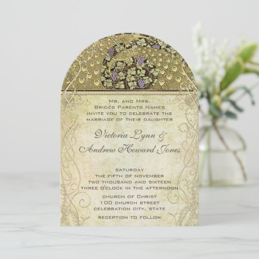 Arch Art Nouveau Peacock Birds Wedding Invitation Kaart (Staand voorkant)