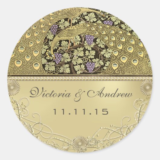 Arch Art Nouveau Peacock Birds Wedding Seal Ronde Sticker (Voorkant)