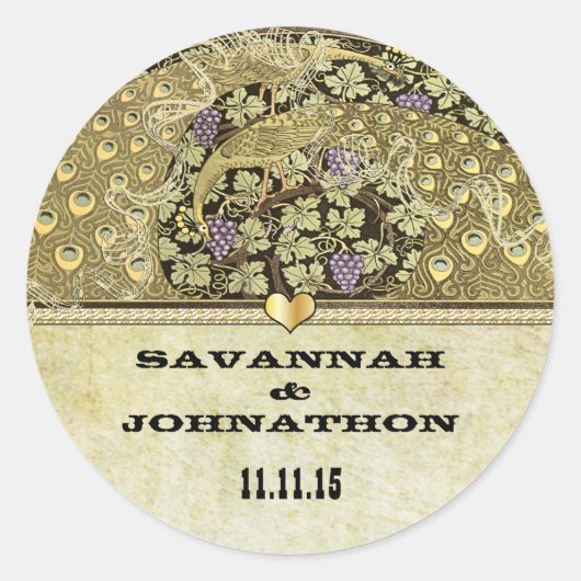 Arch Art Nouveau Peacock Birds Wedding Seal Ronde Sticker (Voorkant)