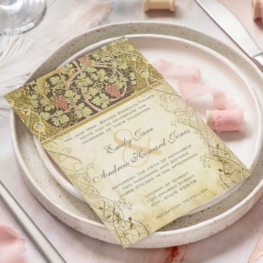 Arch Art Nouveau Peacock Cranberry Dust Wedding Kaart