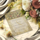 Arch Art Nouveau Peacock Cranberry Dust Wedding Kaart