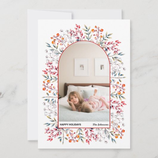 Arch bladeren en bessen rode kerstfoto feestdagenkaart (Voorkant)