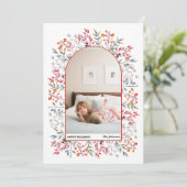 Arch bladeren en bessen rode kerstfoto feestdagenkaart (Staand voorkant)