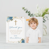 Arch Blue Floral First Heilige CommunFoto Bedankkaart (Staand voorkant)