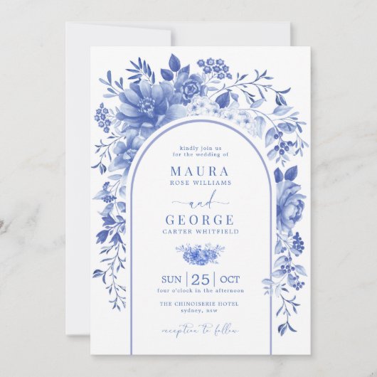 Arch Blue White Chinoiserie Flowers Wedding Kaart (Voorkant)