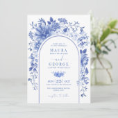 Arch Blue White Chinoiserie Flowers Wedding Kaart (Staand voorkant)