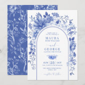 Arch Blue White Chinoiserie Flowers Wedding Kaart (Voorkant / Achterkant)