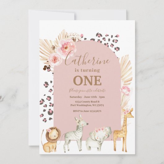 Arch Boho Pampas Grass Animal Safari Birthday Kaart (Voorkant)