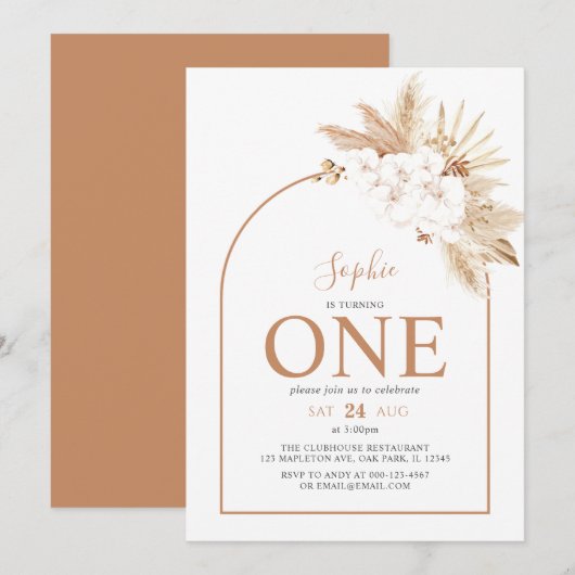 Arch Boho Pampas Grass Baby Girl 1e verjaardag Kaart (Voorkant / Achterkant)