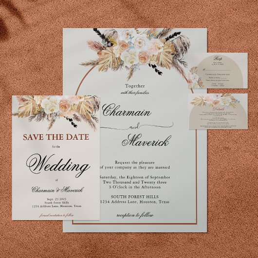 Arch Boho Pampas Grass Bruiloft RSVP Informatiekaartje