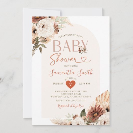 Arch Boho Pampas Grass Floral Baby shower Kaart (Voorkant)