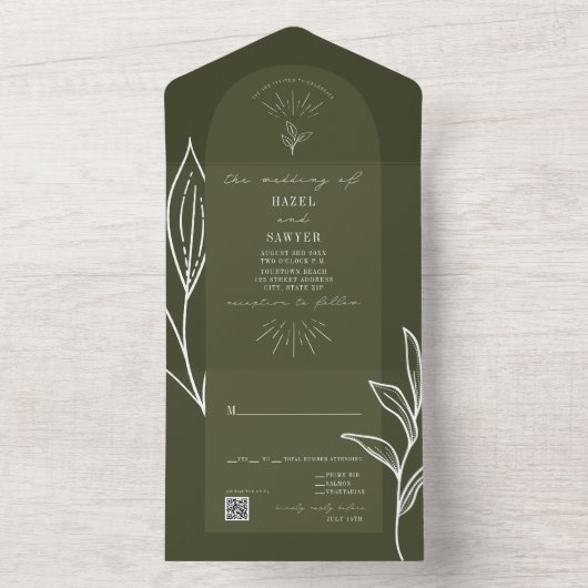 Arch Botanical Green Wedding QR RSVP All In One Uitnodiging (Binnen)