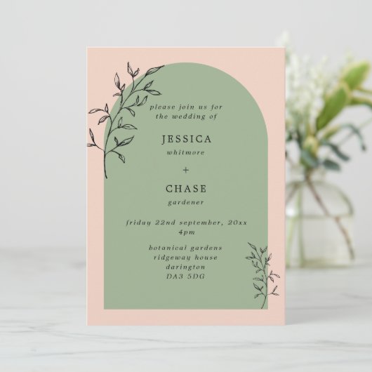 Arch & Botanische bladeren Blush & Sage Weddenscha Kaart (Staand voorkant)
