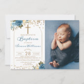 Arch Dusky Blue Floral Gold Glitter Baptisme Foto Kaart (Voorkant)