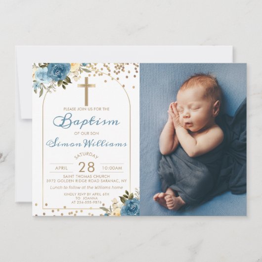 Arch Dusky Blue Floral Gold Glitter Baptisme Foto Kaart (Voorkant)