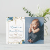 Arch Dusky Blue Floral Gold Glitter Baptisme Foto Kaart (Staand voorkant)