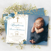 Arch Dusky Blue Floral Gold Glitter Baptisme Foto Kaart