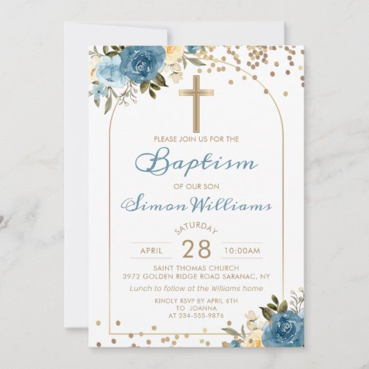 Arch Dusky Blue Floral Gold Glitter Baptisme Kaart (Voorkant)